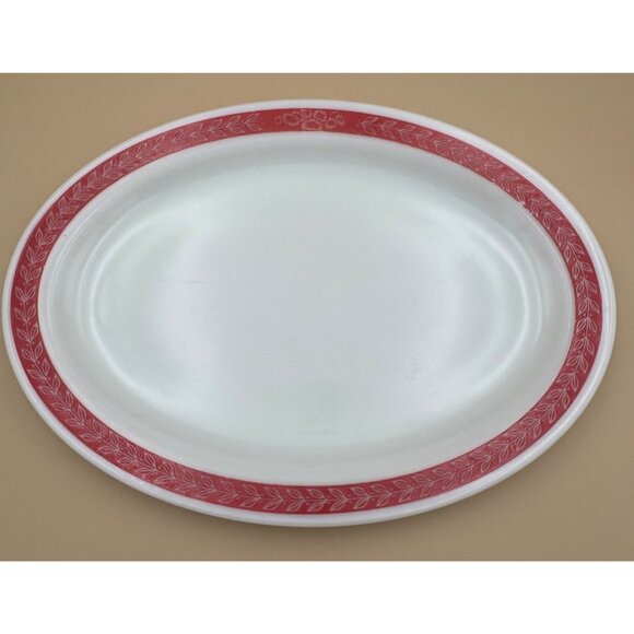 Vintage Corning Decor Dinnerware 12" Oval Platter With Red Autumn Bands Pyrex - Picture 1 of 7
